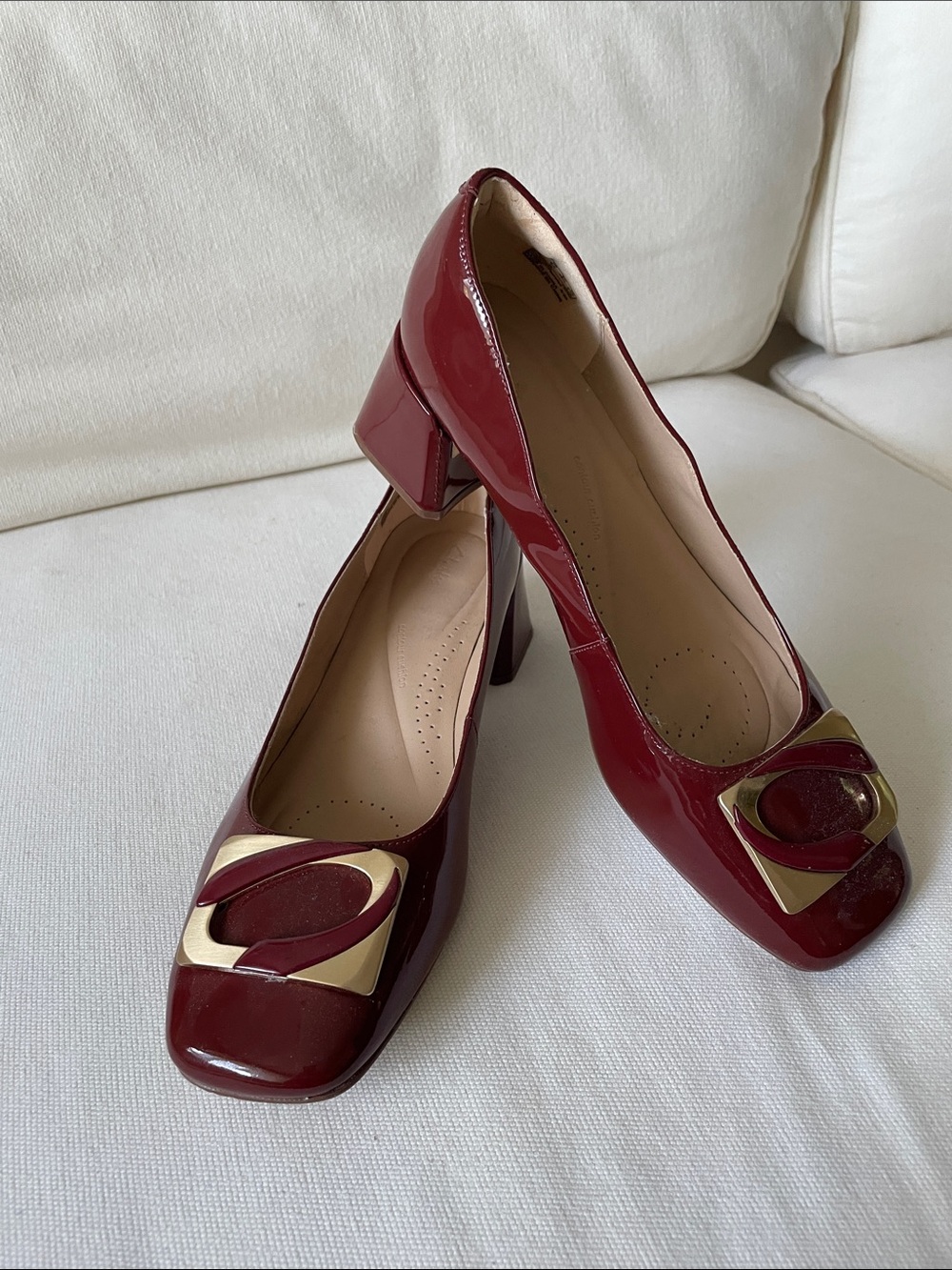 Clarks Burgundy Patent Block Heel Pumps with Gold Buckle